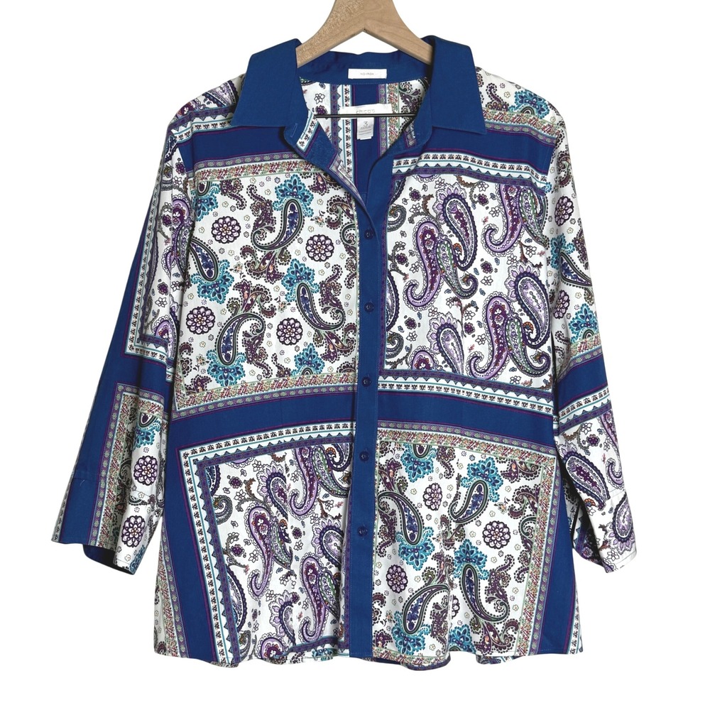 Chico's Womens Button Down Shirt 3 XL Blue Paisley Purple No Iron Office Western